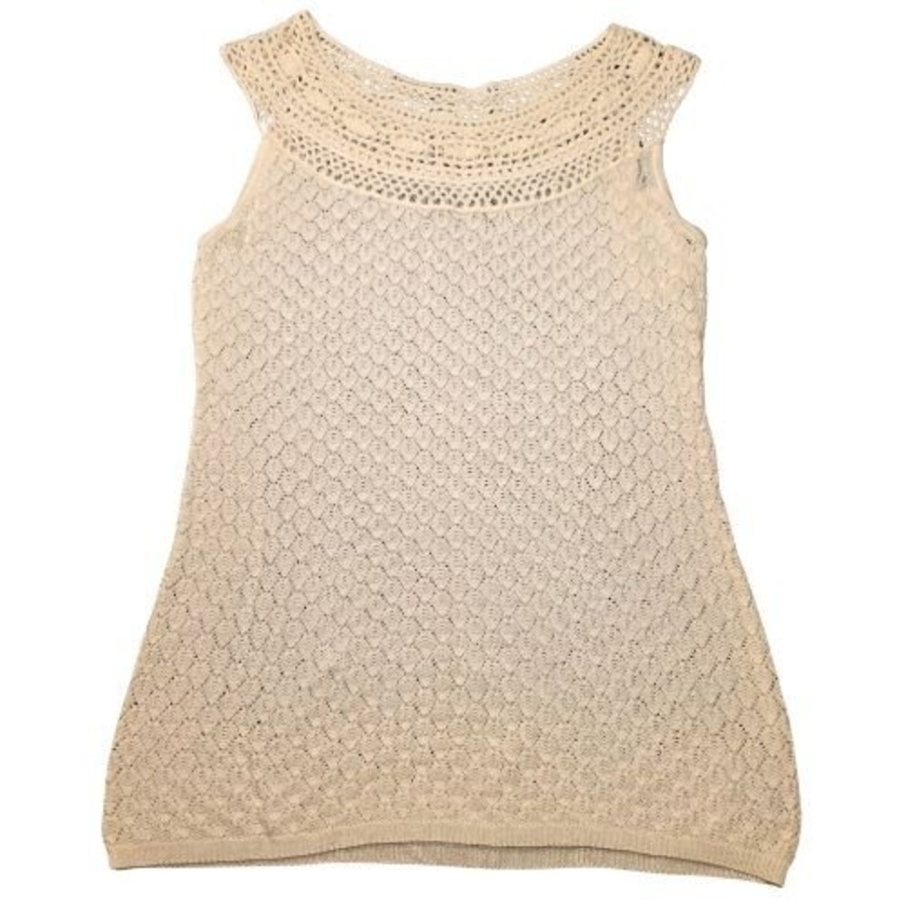 Dana Buchman M Cream Pointelle Knit Sleeveless Top Crochet Yoke A-Line Tank Boho